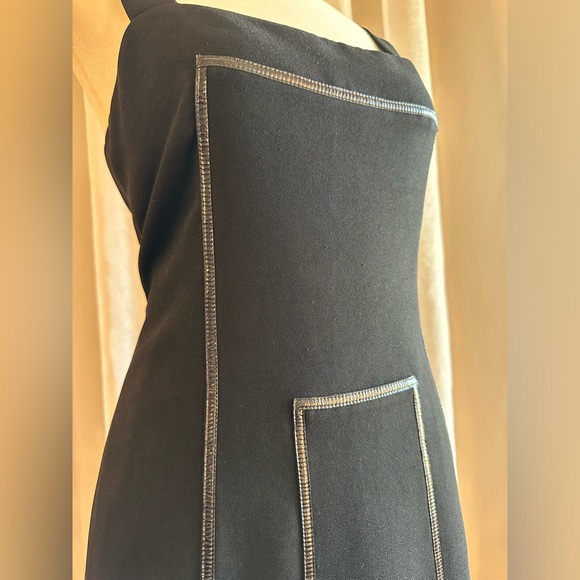 MaxMara black midi dress with leather trim 8 square neckline lbd - Picture 2 of 12